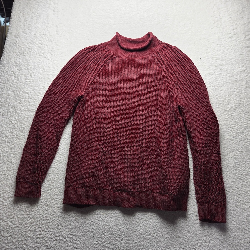 Lands' End Turtleneck Sweater Girls M 10-12 Burgundy Chunky Knit Raglan Cotton